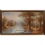 A large landscape oil painting depicting a forest by a lake, signed I.Cafieri, 120x60cm