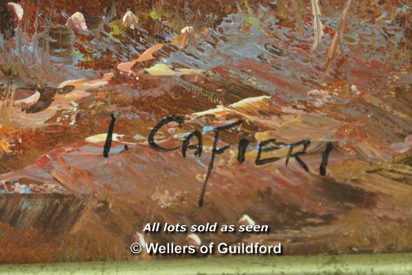 A large landscape oil painting depicting a forest by a lake, signed I.Cafieri, 120x60cm - Image 3 of 3