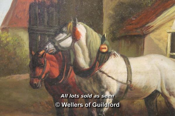 Oil on board, carthorses outside a building, signed Ve**eer, 23 x 28cm. - Image 2 of 3