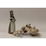 Lladro group of pig with two piglets; Lladro child holding piglet, 17cm; Midwinter pig figure. (3)