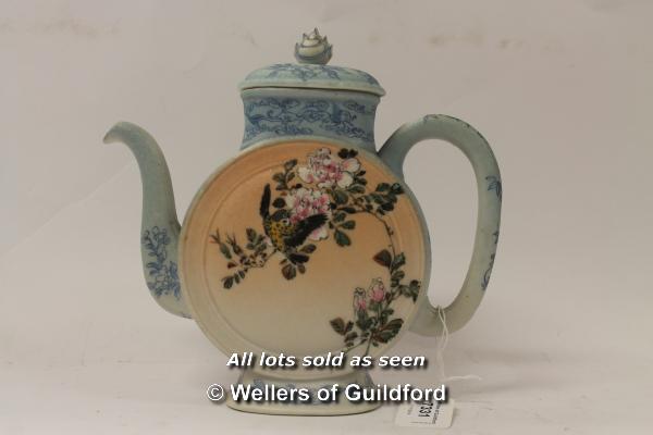 A Noritake moon shaped teapot with pink panels on a blue ground, 22cm.