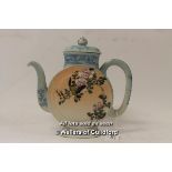 A Noritake moon shaped teapot with pink panels on a blue ground, 22cm.