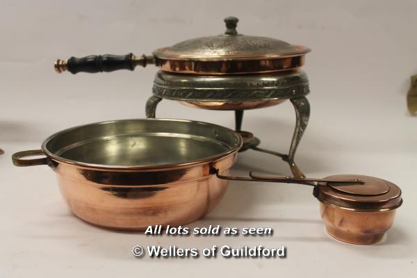 A pair of Iranian copper and white metal cooking vessels with spirit burners, approx 24cm diameter. - Image 2 of 5