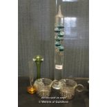 A glass Galileo thermometer, two small glass vases and two glass Schott Verran coffee cups (5)