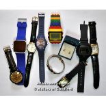 Selection of nine mixed wristwatches, and a pair of silver horse design ear studs