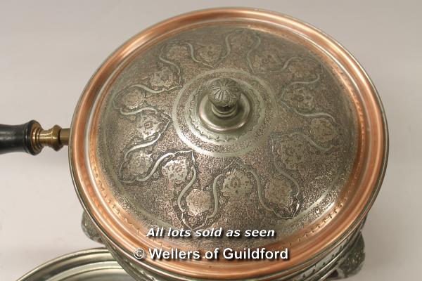 A pair of Iranian copper and white metal cooking vessels with spirit burners, approx 24cm diameter. - Image 3 of 5