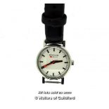 Ladies' Mondaine wristwatch, circular white dial with baton hour markers, black hands and a red