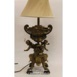 A 19th Century bronze table lamp moulded as two cherubs playing beneath an urn decked with garlands,