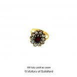 *Antique garnet and seed pearl cluster ring, oval cut garnet with a surround of seed pearls and a