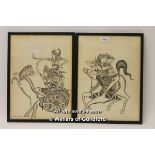 A pair of Balinese pen and ink drawings of horses with people, signed Rena, Ubud, Bali and Gst