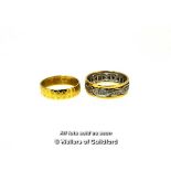 18ct yellow gold band ring, and an ornate yellow and white metal band ring set with small
