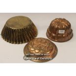 Three copper plated jelly moulds, the largest 25cm diameter.