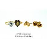 Pair of 9ct yellow gold knot ear studs (non gold butterflies), two pairs of yellow metal ball ear