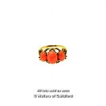 *Coral ring, three oval cut coral stones mounted in an ornate 9ct yellow gold design, gross weight