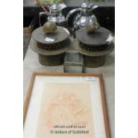 *Old print; small glass box; two German chromed coffee pots; plated coffee pot; two metal items. (
