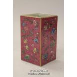 A Chinese brush pot of square section, decorated insects and flowers on a puce ground, 10.5cm.