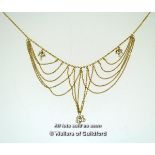 *Antique delicate fringe necklace set with three small pearls drops, in yellow metal tested as