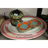 Gouda type tobacco jar, painted Holland mark; two Royal Worcester oval meat platters, one with major