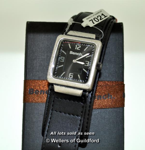 Gentlemen's Bench wristwatch, rectangular black dial with Arabic numerals and baton hour markers,