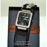 Gentlemen's Bench wristwatch, rectangular black dial with Arabic numerals and baton hour markers,