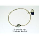 Pandora charm bracelet with white stone set heart clasp and one charm, length 21cm