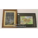 Two framed original illustrations to include A WW1 soldier in a cave with sinister eyes in the