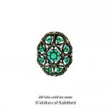 *Oval silver openwork brooch/pendant set with turquoise and seed pearls, 35mm x 28mm, gross weight