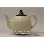 Argyle Corbridge relief decorated creamware teapot with pewter lid, 15cm.