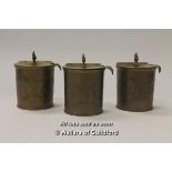 A set of three small decorative brass tea, coffee and sugar pots, with hinged lids and ladles