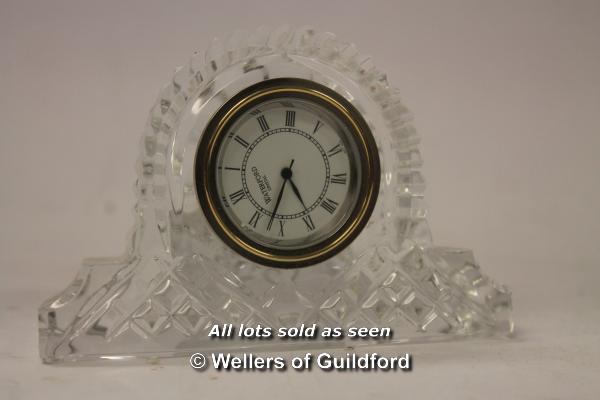 Waterford glass Napoleon hat style mantel clock, 6.5cm.