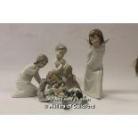 Lladro: boy cuddling puppies with spaniel, seated boy with spaniel, girl with shoes, angel (angel