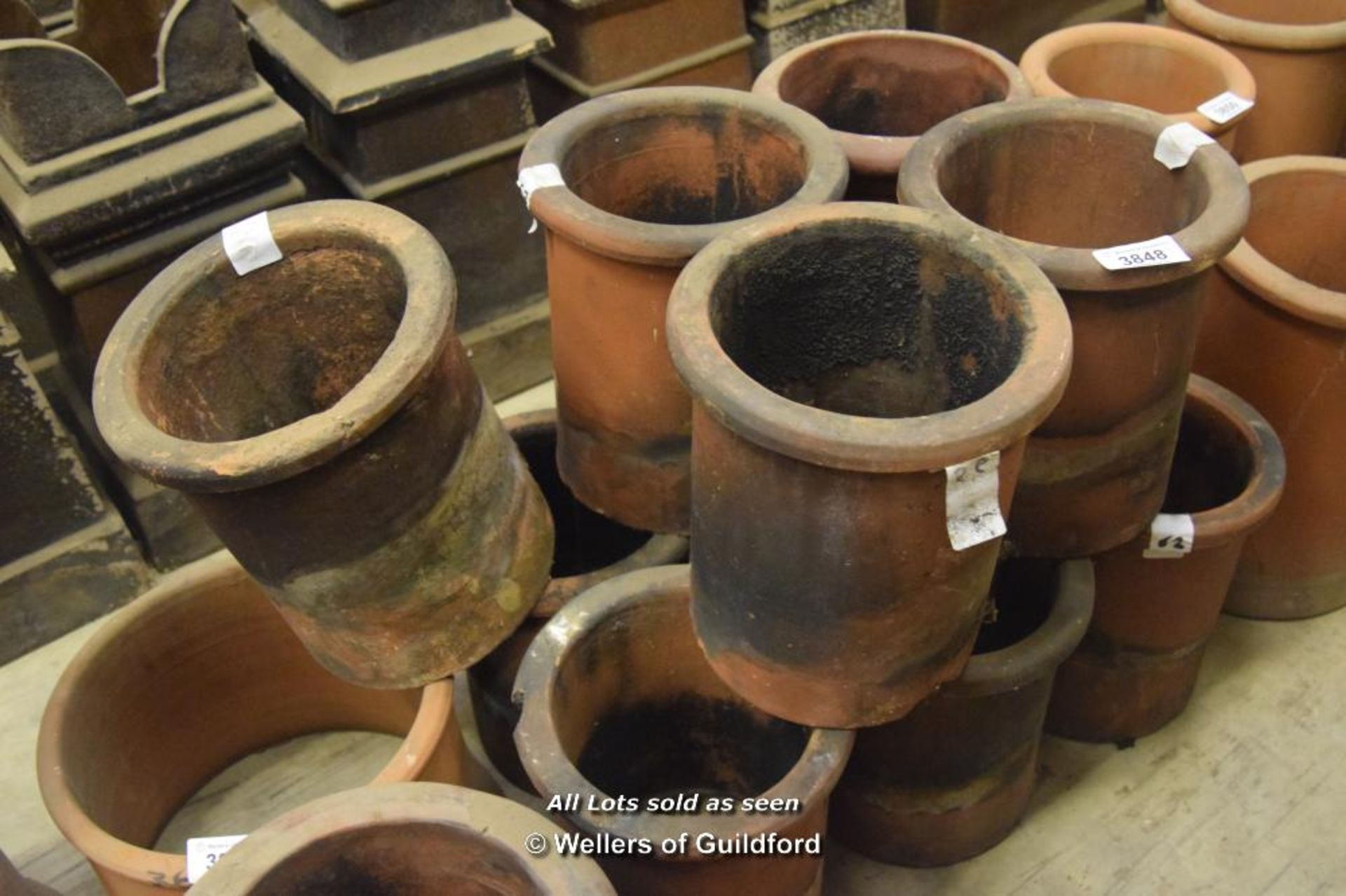 *SET OF ELEVEN MATCHING CYLINDRICAL CHIMNEY POTS, EACH 320MM HIGH