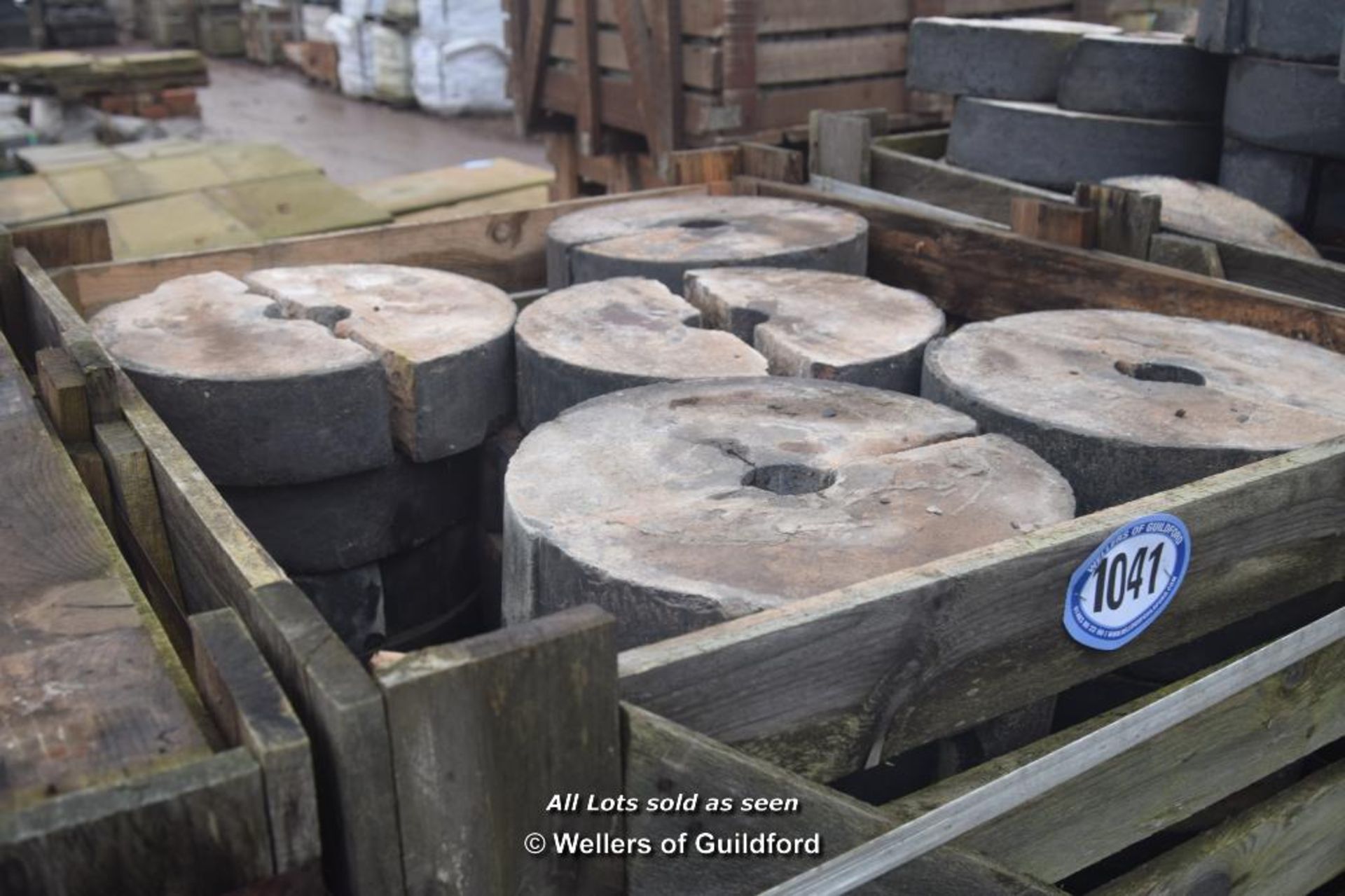 *CRATE CONTAINING APPROX SEVENTY BLUE HALF ROUND COPING BRICKS