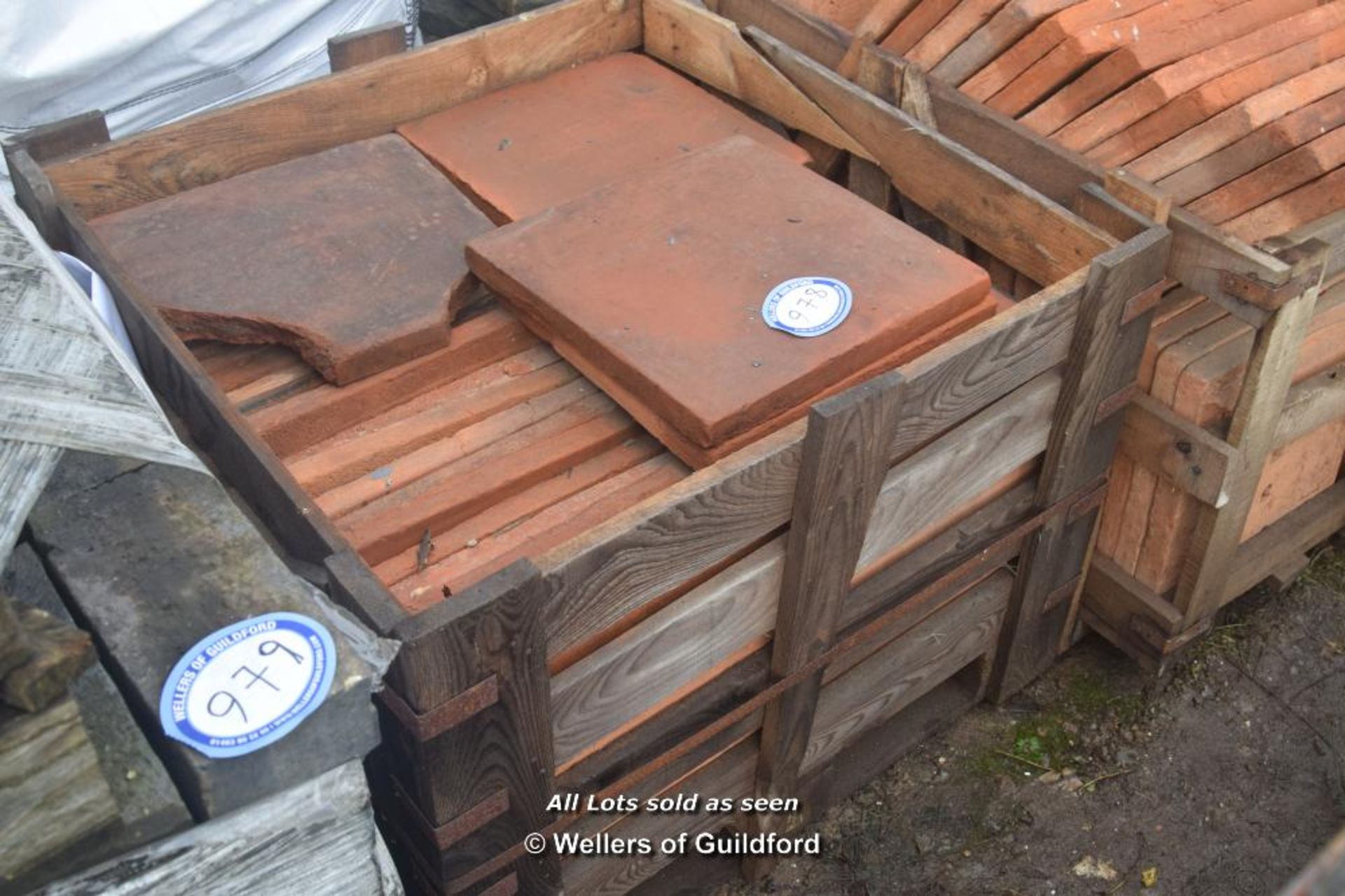*CRATE CONTAINING APPROX FORTY FIVE TERRACOTTA STYLE QUARRY TILES, 400MM X 400MM X 30MM