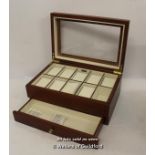 Wooden display box for ten watches and a drawer for jewellery