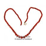 Coral bead necklace, a/f, clasp broken, length 40cm