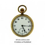 Gold plated pocket watch, white enamel dial with Arabic numerals and subsidiary seconds dial