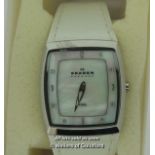 Ladies' Skagen wristwatch, rectangular mother of pearl dial with white stone set hour markers, on