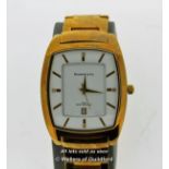 Gentlemen's Diamond & Co gold coloured stainless steel wristwatch, square white dial with baton