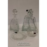 A pair of Bohemian glass conjoined decanters; a cut glass decanter of triangular section; Stuart