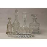 Cut glass wares: heavily cut square form decanter, two further decanters, square section scent