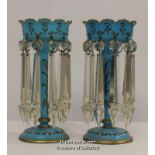 A pair of Victorian turquoise blue lustres with gilded castellated rims and enamelled floral