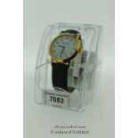 Gentlemen's Stratford wristwatch, circular white dial with Arabic numerals, on black leather