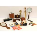 Collectibles to include leather cigar case, red lizard skin box, horn paperknife, two hip flasks,