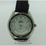 Gentlemen's Slazenger wristwatch, circular white dial with Arabic numerals, on black strap, boxed