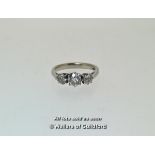 Three stone old cut diamond ring, graduated old cut diamonds claw set in 18ct white gold,