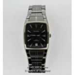 Gentlemen's Pulsar stainless steel wristwatch, rectangular grey textured dial with baton hour