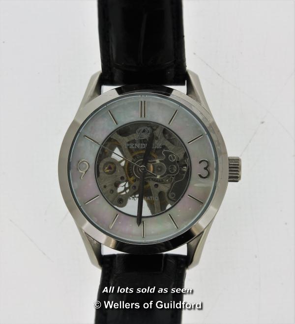 Gentlemen's Pendule automatic wristwatch, circular part mother of pearl and part skeleton dial, with