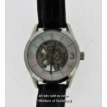 Gentlemen's Pendule automatic wristwatch, circular part mother of pearl and part skeleton dial, with