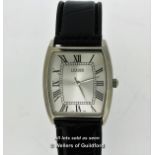 Gentlemen's Leader wristwatch, square silvered dial with Roman numerals, on black strap, boxed